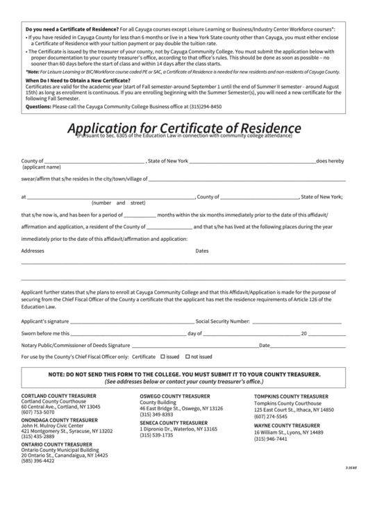 Application For Certificate Of Residence Form Printable pdf