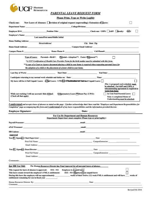 Fillable Ucf-Human Resources - Parental Leave Request Form Printable pdf