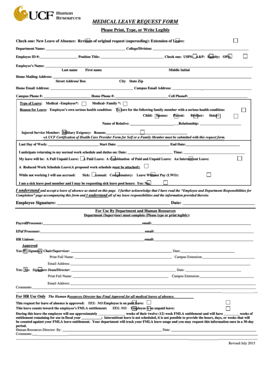 Fillable Ucf-Human Resources - Medical Leave Request Form Printable pdf