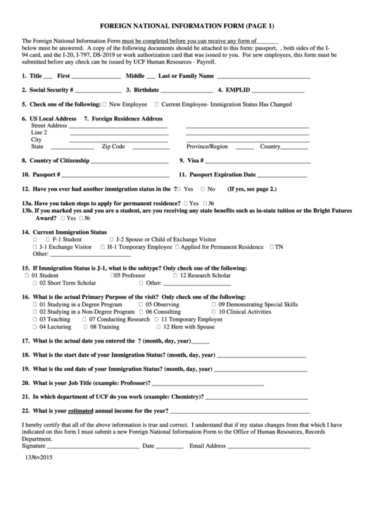 Fillable Ucf Human Resources-Foreign National Information Form Printable pdf