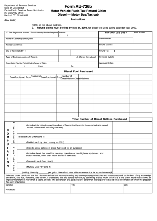 Form Au-736b - Motor Vehicle Fuels Tax Refund Claim Diesel - Motor Bus/taxicab 2002 Printable pdf