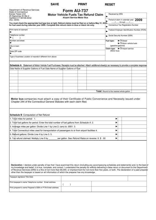 Fillable Form Au-737 - Motor Vehicle Fuels Tax Refund Claim - 2009 Printable pdf