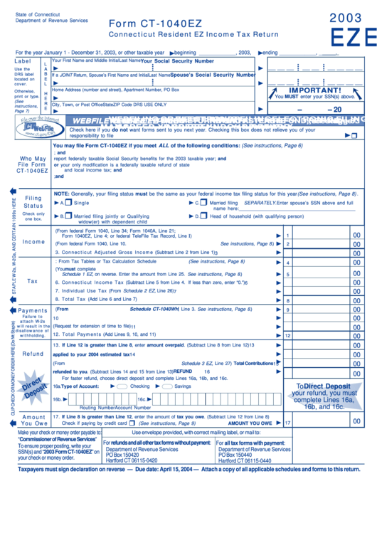 Form Ct-1040ez - Connecticut Resident Ez Income Tax Return - 2003 Printable pdf