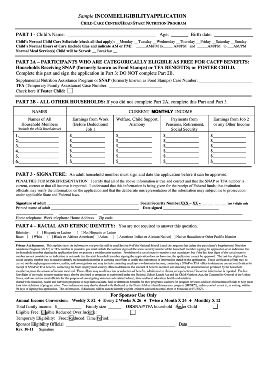 Sample Income Eligibility Application Form Printable pdf