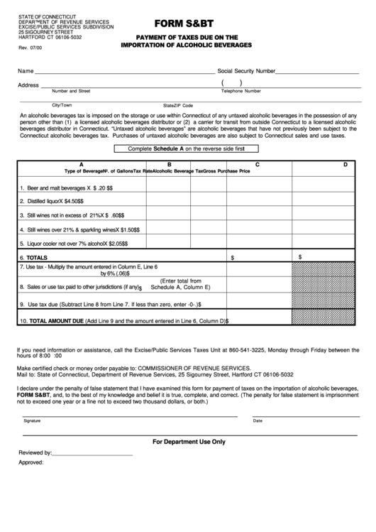 Form S&bt - Payment Of Taxes Due On The Importation Of Alcoholic Beverages Printable pdf
