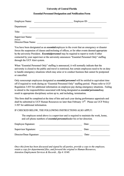 Fillable Essential Personnel Designation Notification Form-University Of Central Florida Printable pdf