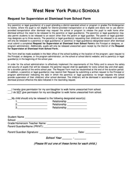 Request For Supervision At Dismissal From School Form/west New York Public Schools Printable pdf