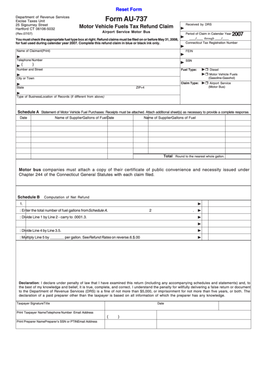 Fillable Form Au-737 - Motor Vehicle Fuels Tax Refund Claim - Airport Service Motor Bus - 2007 Printable pdf