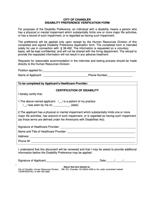 Disability Preference Verification Form Printable pdf