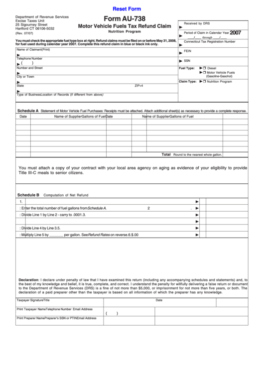 Fillable Form Au-738 - Motor Vehicle Fuels Tax Refund Claim - 2007 Printable pdf