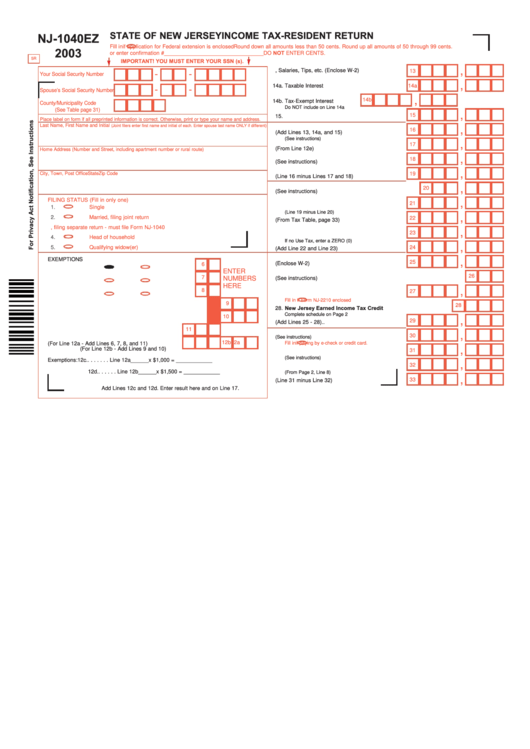 Fillable Form Nj-1040ez - State Of New Jersey Income Tax-Resident Return - 2003 Printable pdf