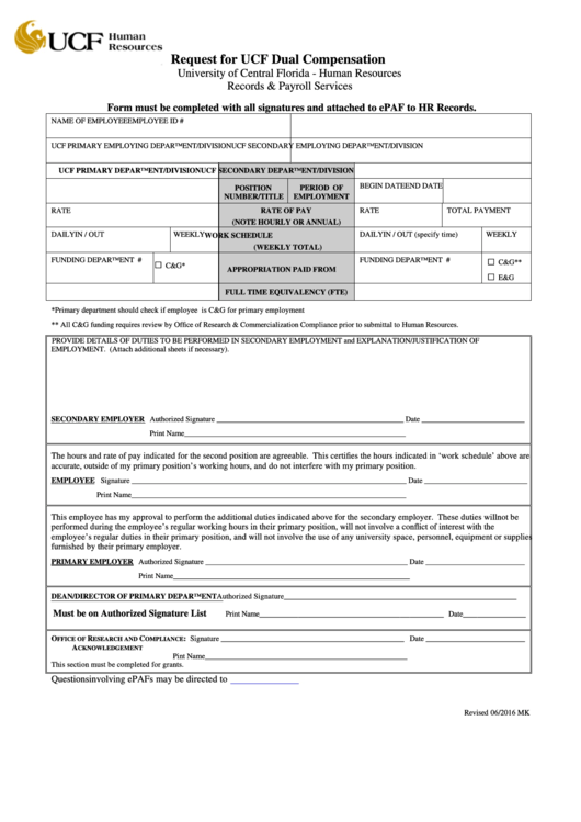 Ucf-human Resources-dual Compensation Request Form