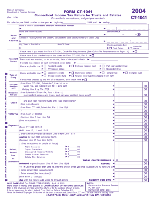 Form Ct-1041 - Connecticut Income Tax Return For Trusts And Estates - 2004 Printable pdf
