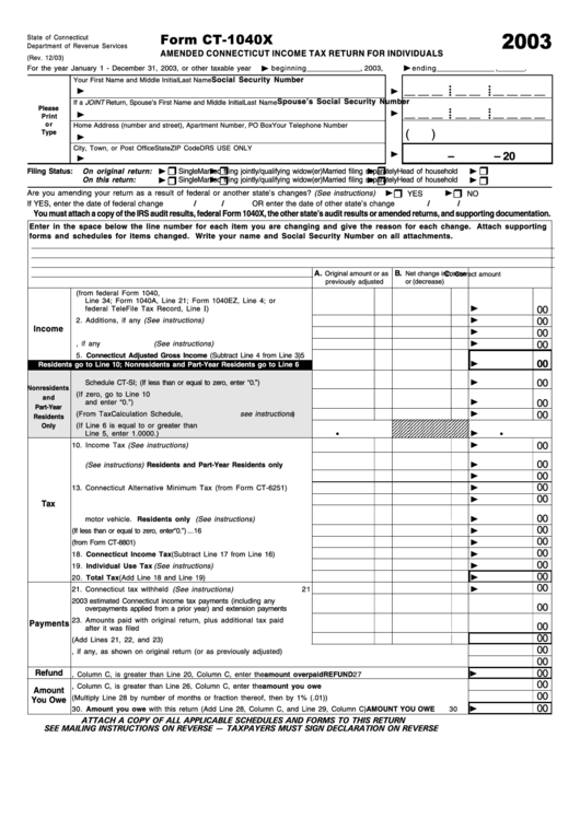 Form Ct-1040x - Amended Connecticut Income Tax Return For Individuals - 2003 Printable pdf