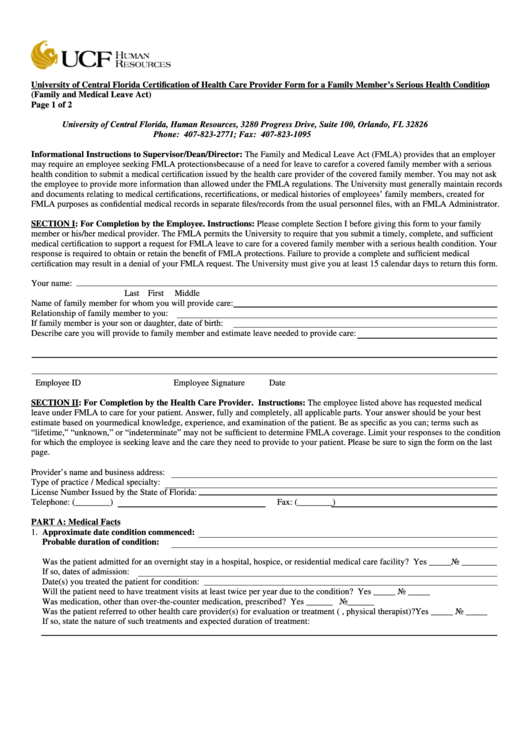 Fillable University Of Central Florida Certification Of Health Care Provider Form For A Family Member
