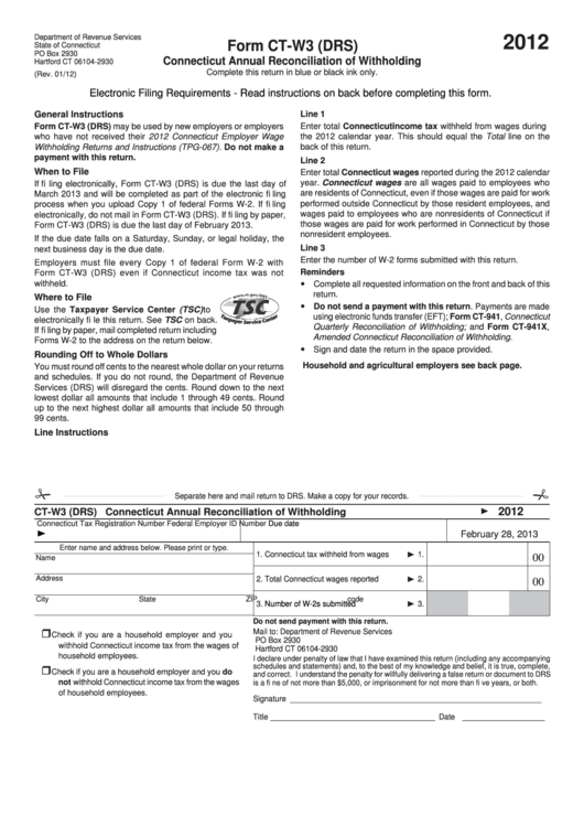 Form Ct-W3 (Drs) - Connecticut Annual Reconciliation Of Withholding - 2012 Printable pdf