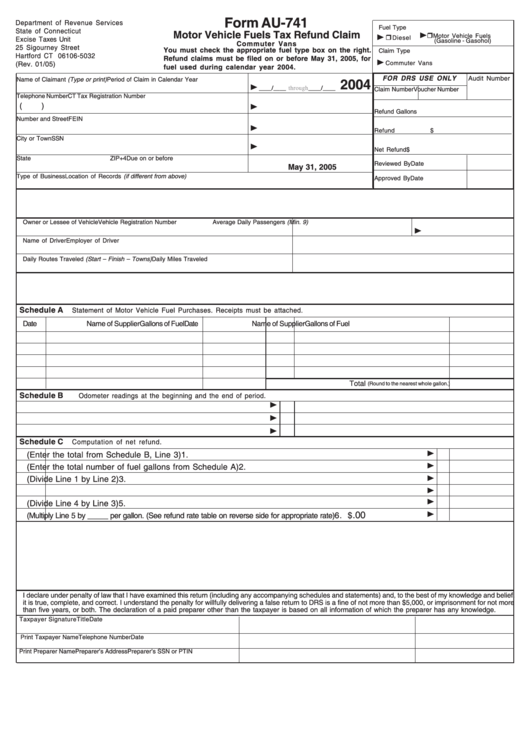 Form Au-741 - Motor Vehicle Fuels Tax Refund Claim - 2004 Printable pdf