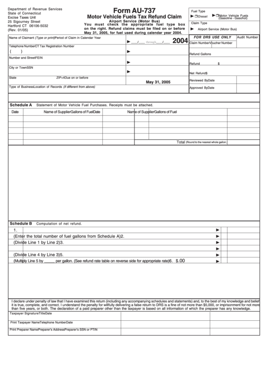 Form Au-737 - Motor Vehicle Fuels Tax Refund Claim - Airport Service (Motor Bus) - 2004 Printable pdf