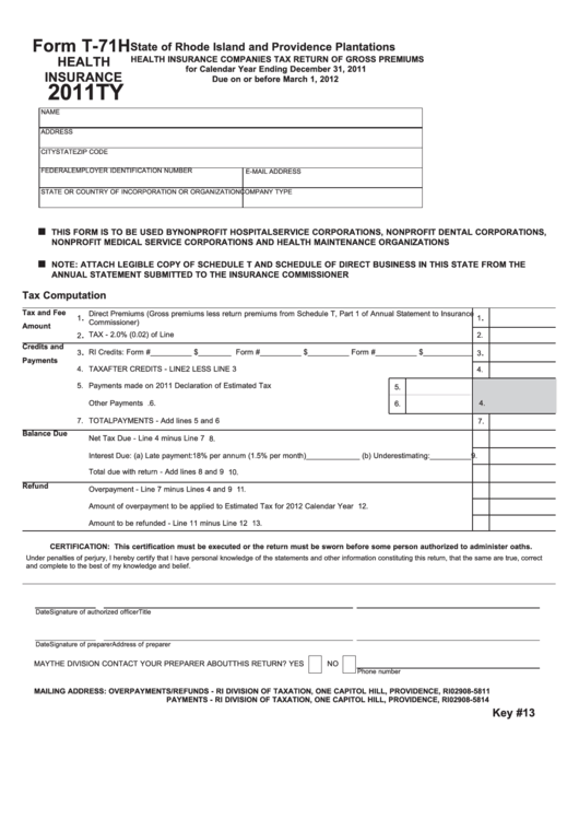 Form T-71h - Health Insurance Companies Tax Return Of Gross Premiums - 2011 Printable pdf