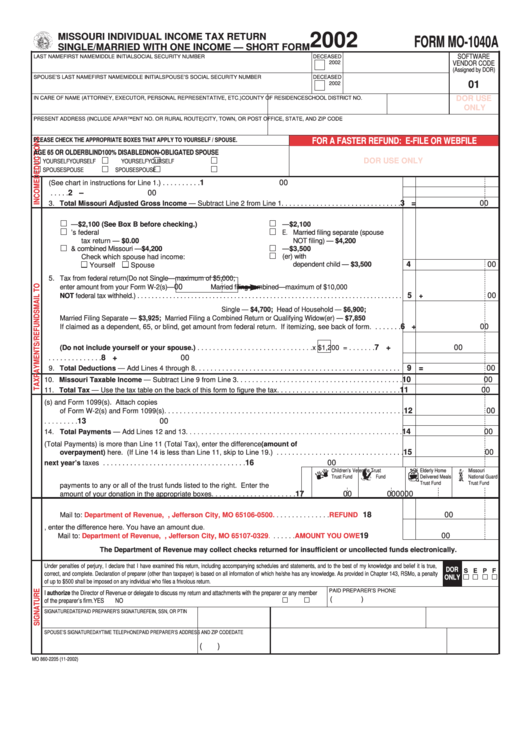 Form Mo-1040a - Missouri Individual Income Tax Return Single/married With One Income - 2002 Printable pdf
