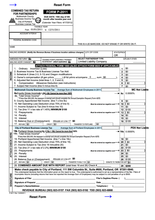 Fillable Form P-2011 - Combined Tax Return For Partnerships - 2011 Printable pdf