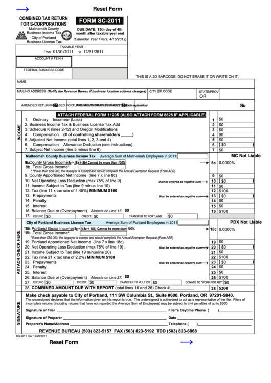 Fillable Form Sc-2011 - Combined Tax Return For S-Corporations - 2011 Printable pdf