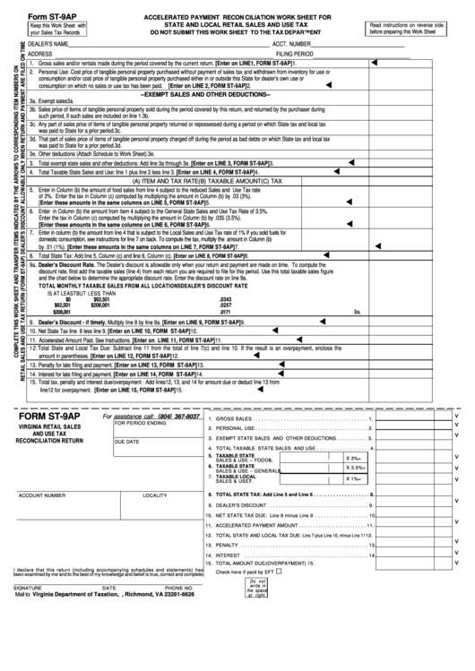 Form St-9ap - Accelerated Payment Reconciliation Work Sheet For State And Local Retail Sales And Use Tax Printable pdf