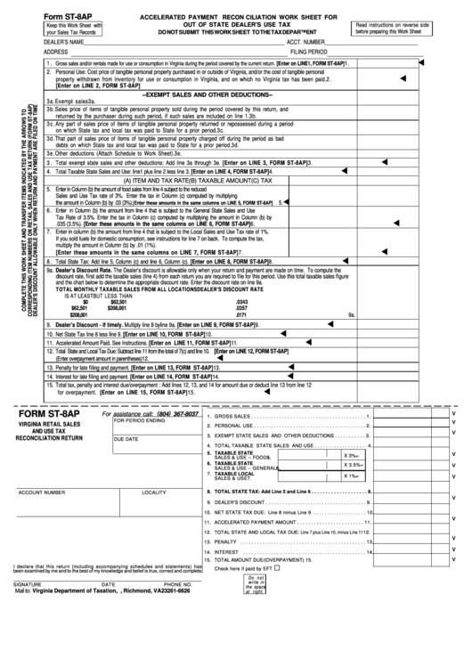 Form St-8ap - Virginia Retail Sales And Use Tax Reconciliation Return ...