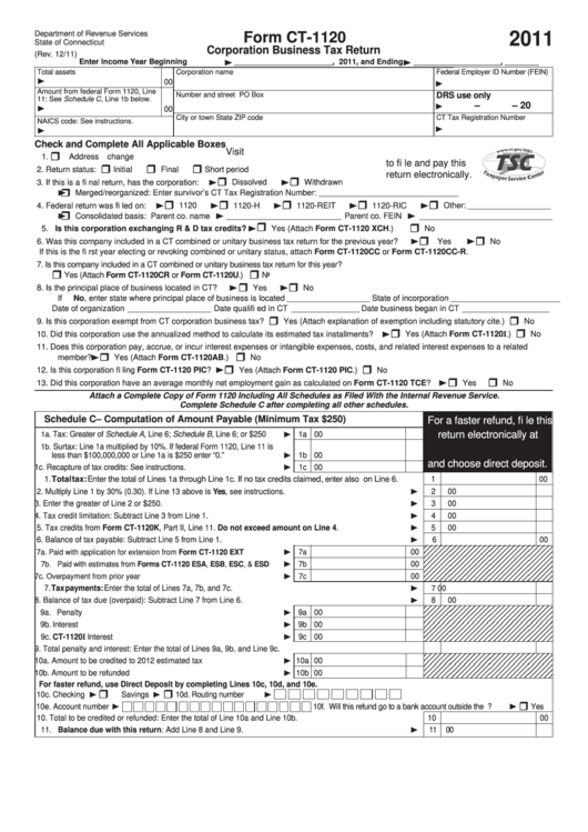 Form Ct-1120 - Corporation Business Tax Return - 2011 Printable pdf