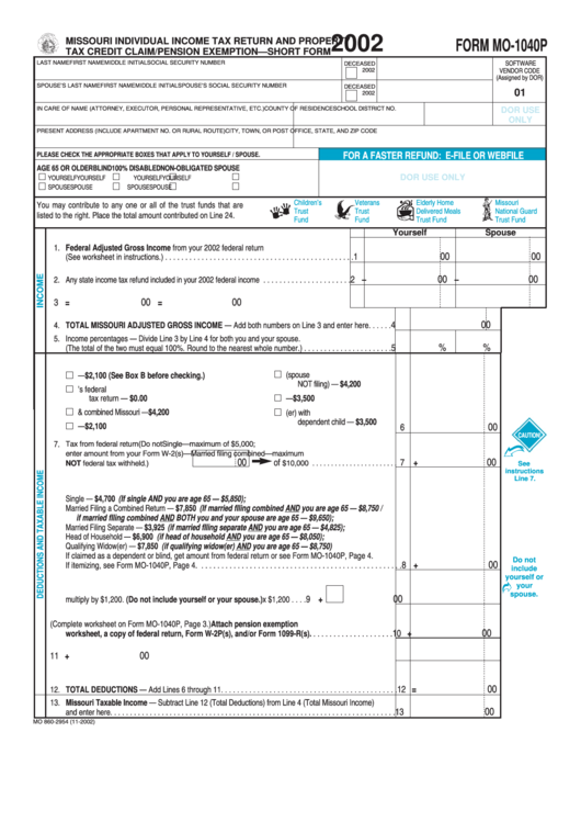 Form Mo-1040p - Missouri Individual Income Tax Return And Property Tax Credit Claim/pension Exemption - Short Form - 2002 Printable pdf