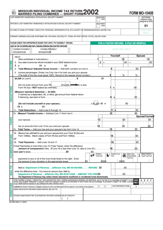 Form Mo-1040b - Missouri Individual Income Tax Return Married Filing Combined - 2002 Printable pdf