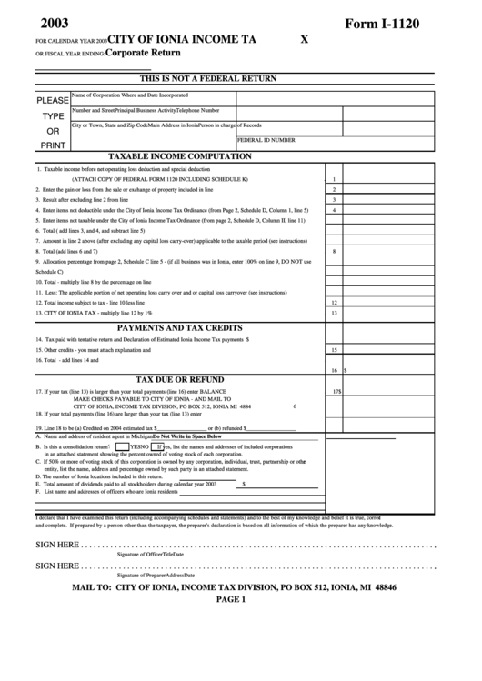 Form I-1120 - Income Tax Corporate Return - City Of Ionia - 2003 Printable pdf
