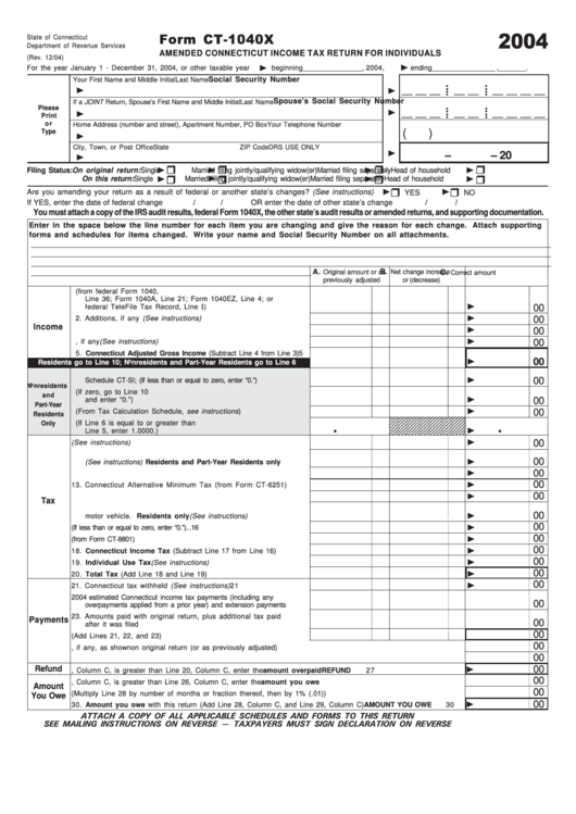 Form Ct-1040x - Amended Connecticut Income Tax Return For Individuals - 2004 Printable pdf
