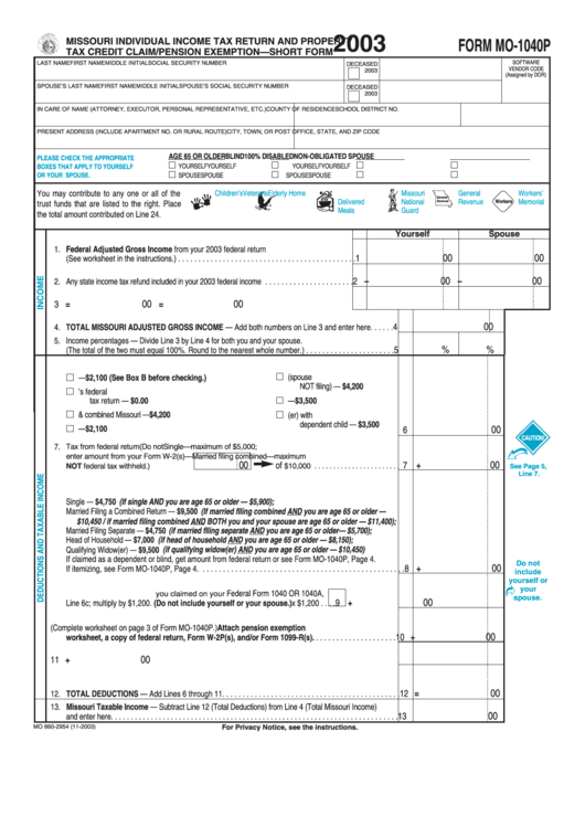 Form Mo-1040p - Missouri Individual Income Tax Return And Property Tax Credit Claim/pension Exemption - Short Form - 2003 Printable pdf