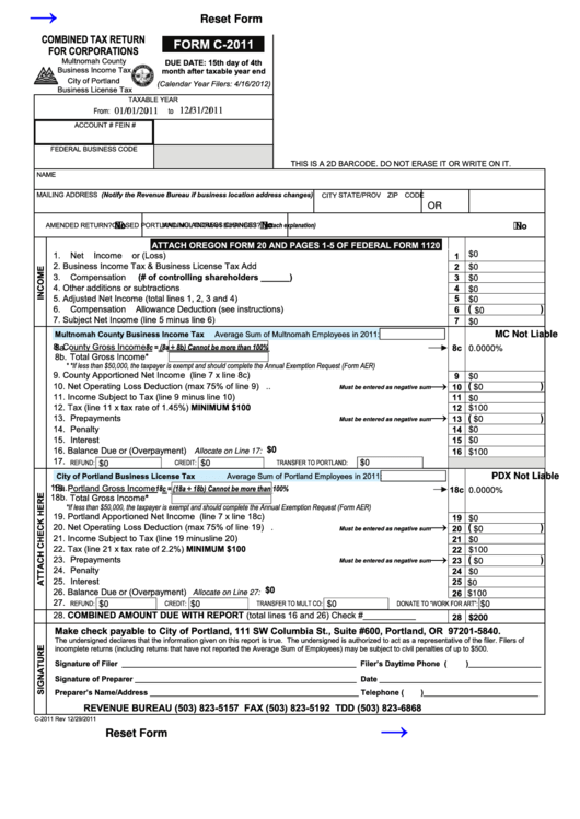 Fillable Form C-2011 - Combined Tax Return For Corporations - 2011 Printable pdf