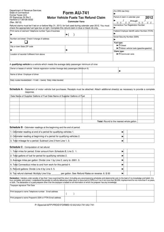 Form Au-741 - Motor Vehicle Fuels Tax Refund Claim - 2012 Printable pdf