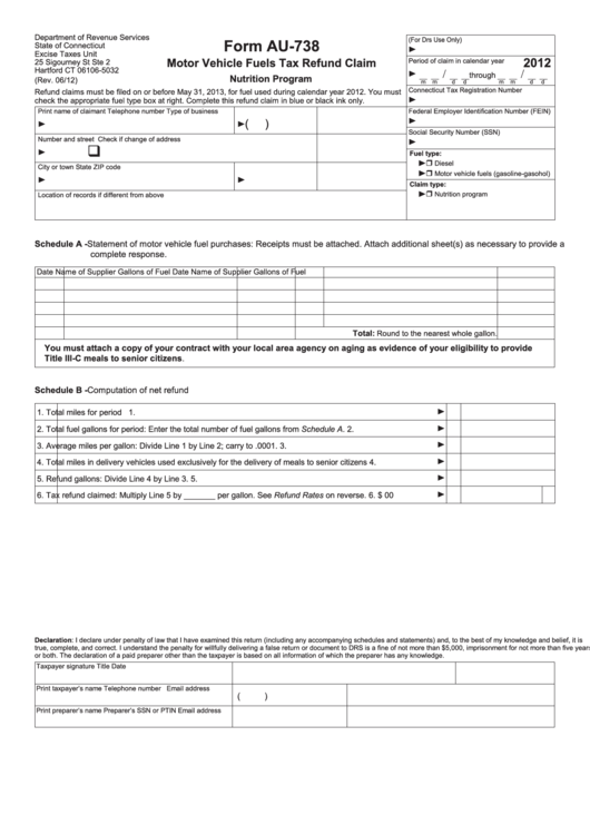 Form Au-738 - Motor Vehicle Fuels Tax Refund Claim - 2012 Printable pdf
