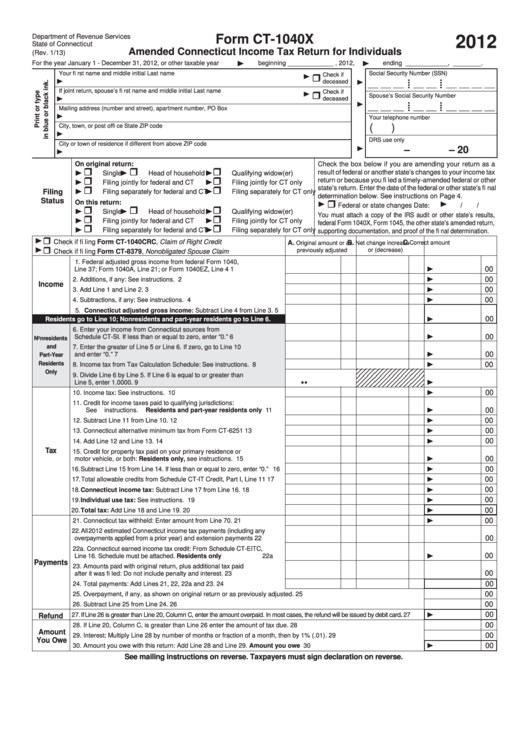 Form Ct-1040x - Amended Connecticut Income Tax Return For Individuals - 2012 Printable pdf