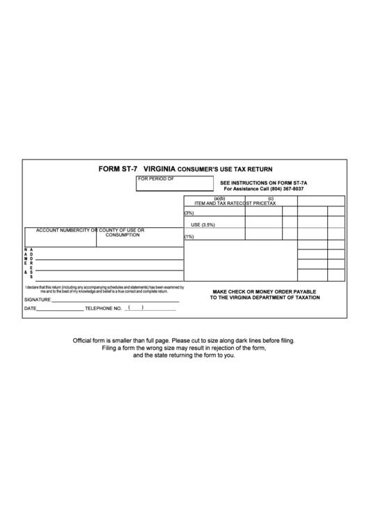 Form St-7 - Virginia Consumer Use Tax Return Printable pdf