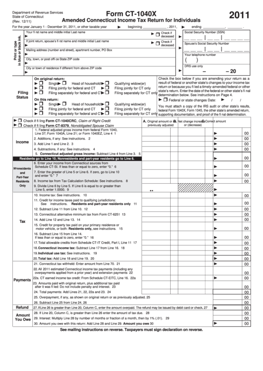 Form Ct-1040x - Amended Connecticut Income Tax Return For Individuals - 2011 Printable pdf