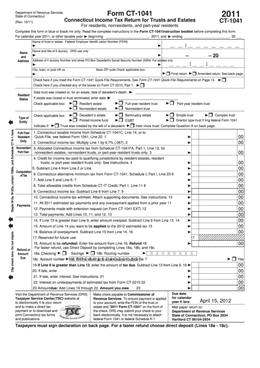 Form Ct-1041 - Connecticut Income Tax Return For Trusts And Estates - 2011 Printable pdf