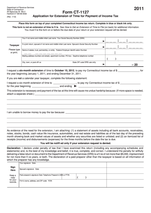 Form Ct-1127 - Application For Extension Of Time For Payment Of Income Tax - 2011 Printable pdf