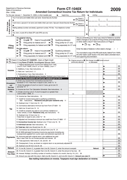 Form Ct-1040x - Amended Connecticut Income Tax Return For Individuals - 2009 Printable pdf