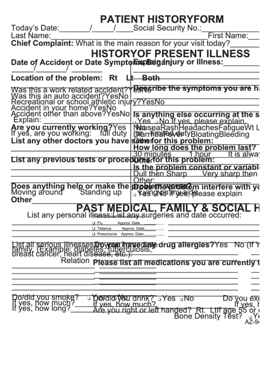Patient History Form/history Of Present Illness/past Medical, Family & Social History