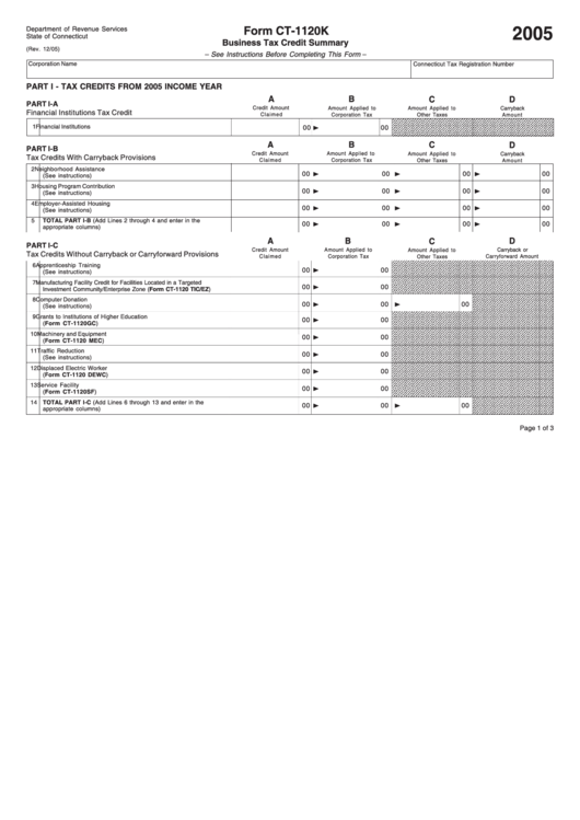 Form Ct-1120k - Business Tax Credit Summary - 2005 Printable pdf