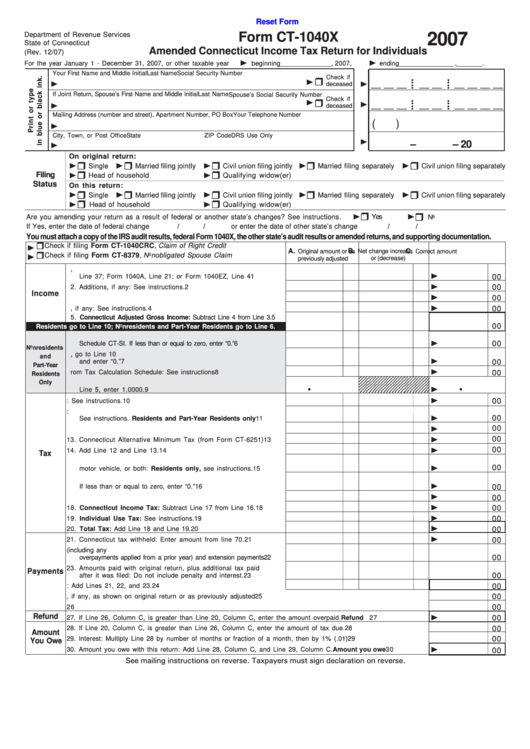 Fillable Form Ct-1040x - Amended Connecticut Income Tax Return For Individuals - 2007 Printable pdf