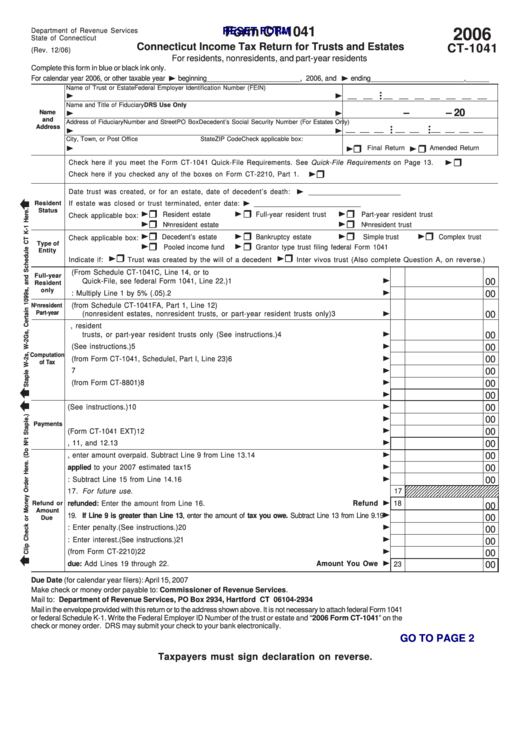 Fillable Form Ct-1041 - Connecticut Income Tax Return For Trusts And Estates - 2006 Printable pdf