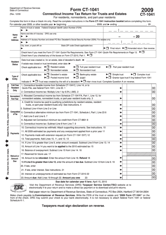 Form Ct-1041 - Connecticut Income Tax Return For Trusts And Estates - 2009 Printable pdf