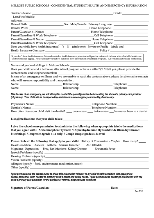 Confidential Student Health Emergency Information Form/melrose Public Schools Printable pdf