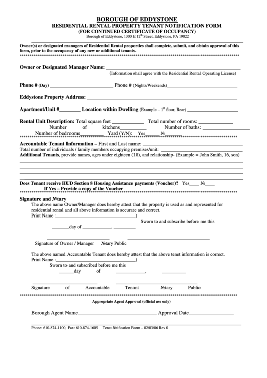 Rental Property Tenant Notification Form Printable pdf
